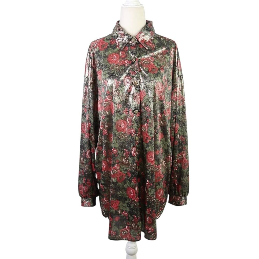 Vintage 80s Lauren Lee green and pink floral silver metallic tunic blouse L